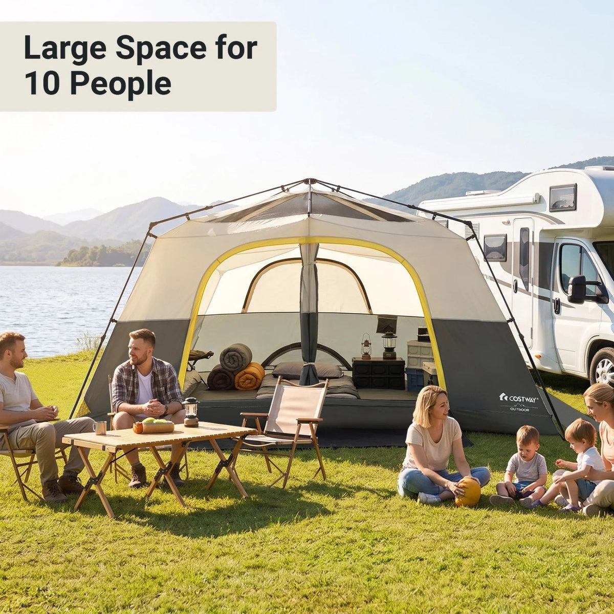 10 Person Instant Cabin Camping Tent with Rainfly 13 ft x 9 ft Portable Large Family Tent-Beige