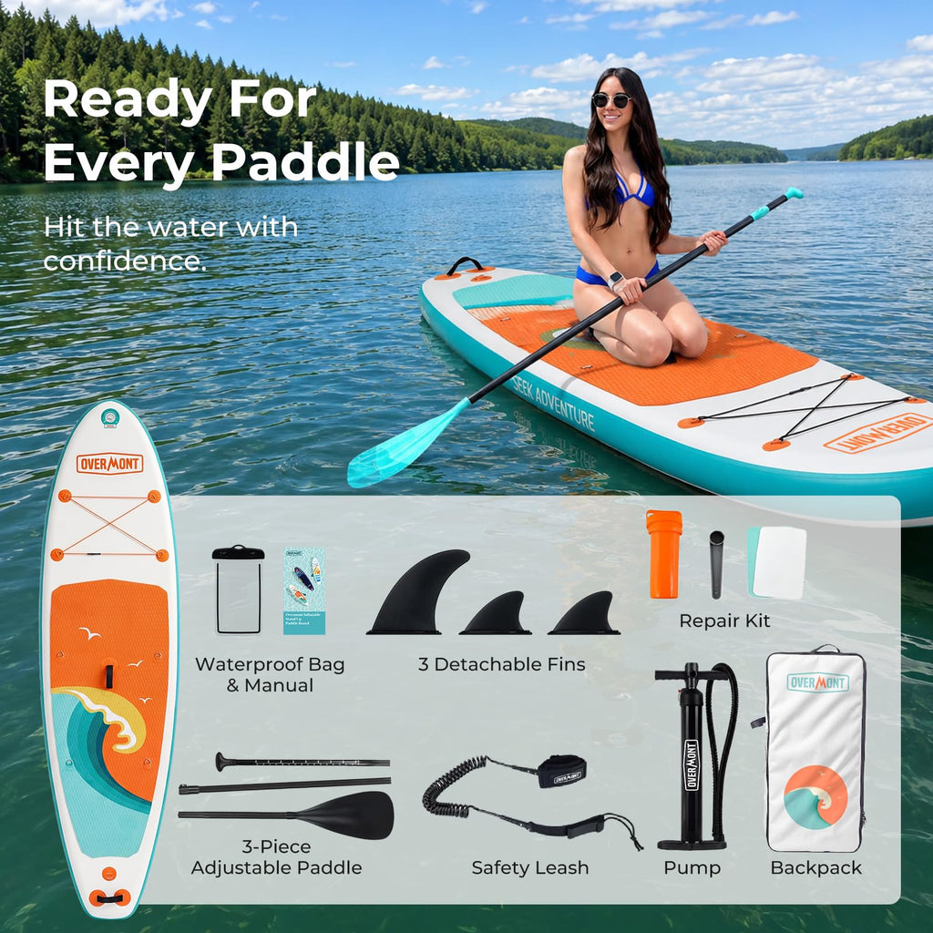 Overmont Inflatable Paddle Board 10'7" x 33" x 6", Extra Wide SUP for Adults & Beginners, 350 lb Stand Up Paddle Board with Adjustable Paddle, Pump, 3 Fins, Leash, Backpack & Repair Kit 🍁 All In One Marketplace Canada