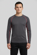 AI-generated male model wearing a charcoal Misty Mountain Performance Stretch thermal top with pink-red contrast stitching
