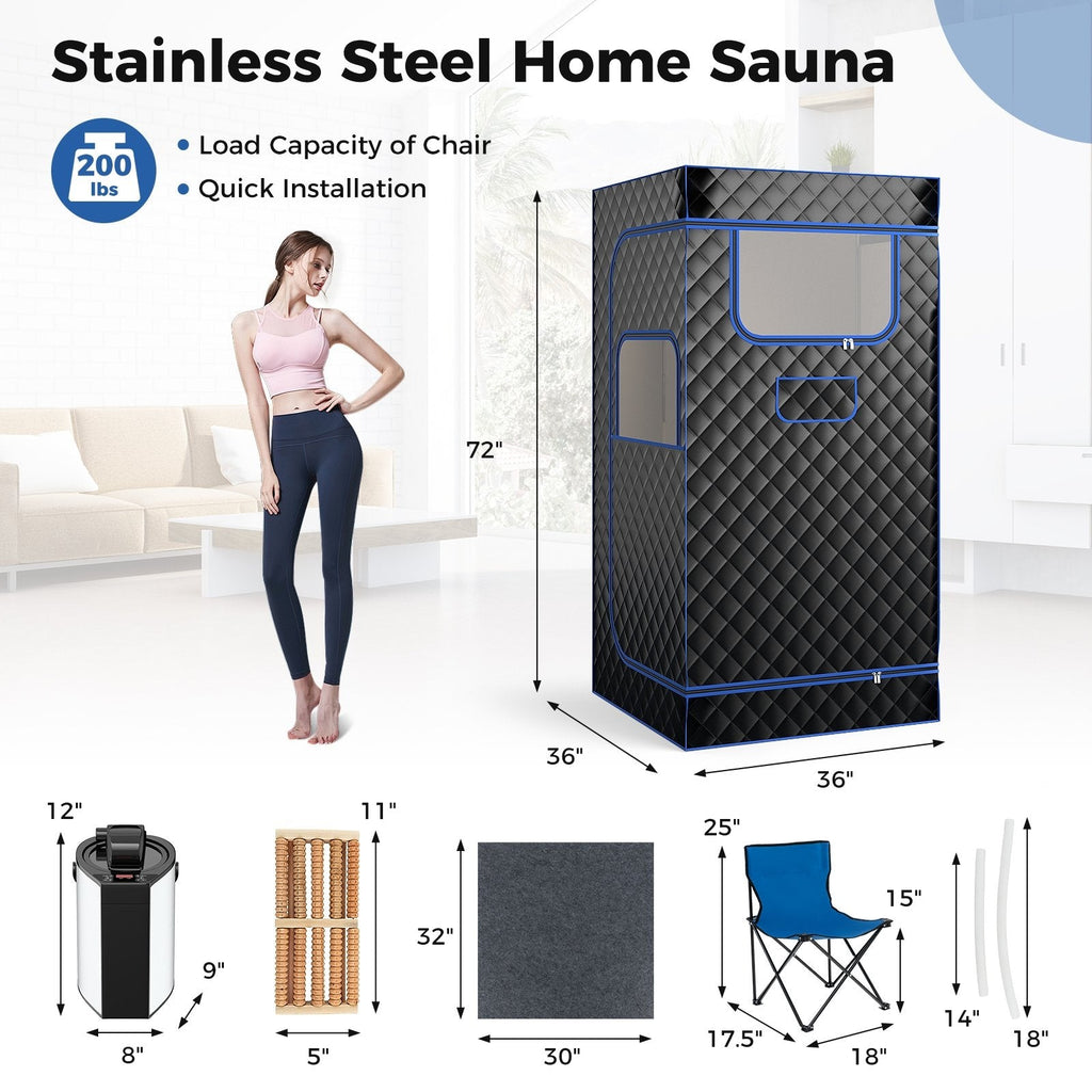 3 L Steam Sauna with Chair & Wooden Foot Massager – Black