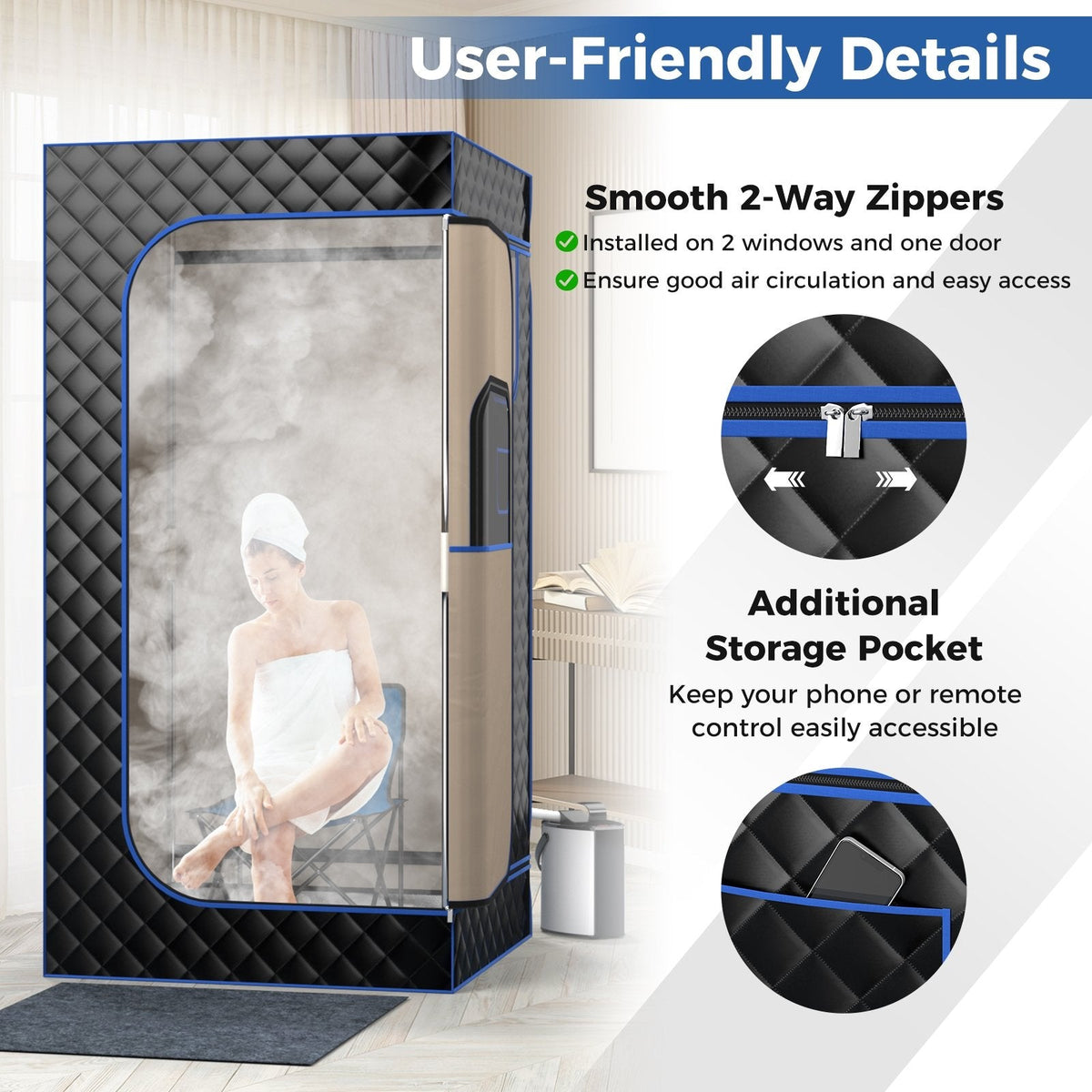 3 L Steam Sauna with Chair & Wooden Foot Massager – Black